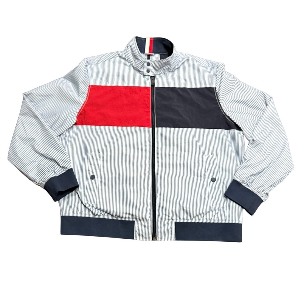 Tommy Hilfiger Striped Colorblock Bomber Jacket Blue White Red XXL Preppy 90s